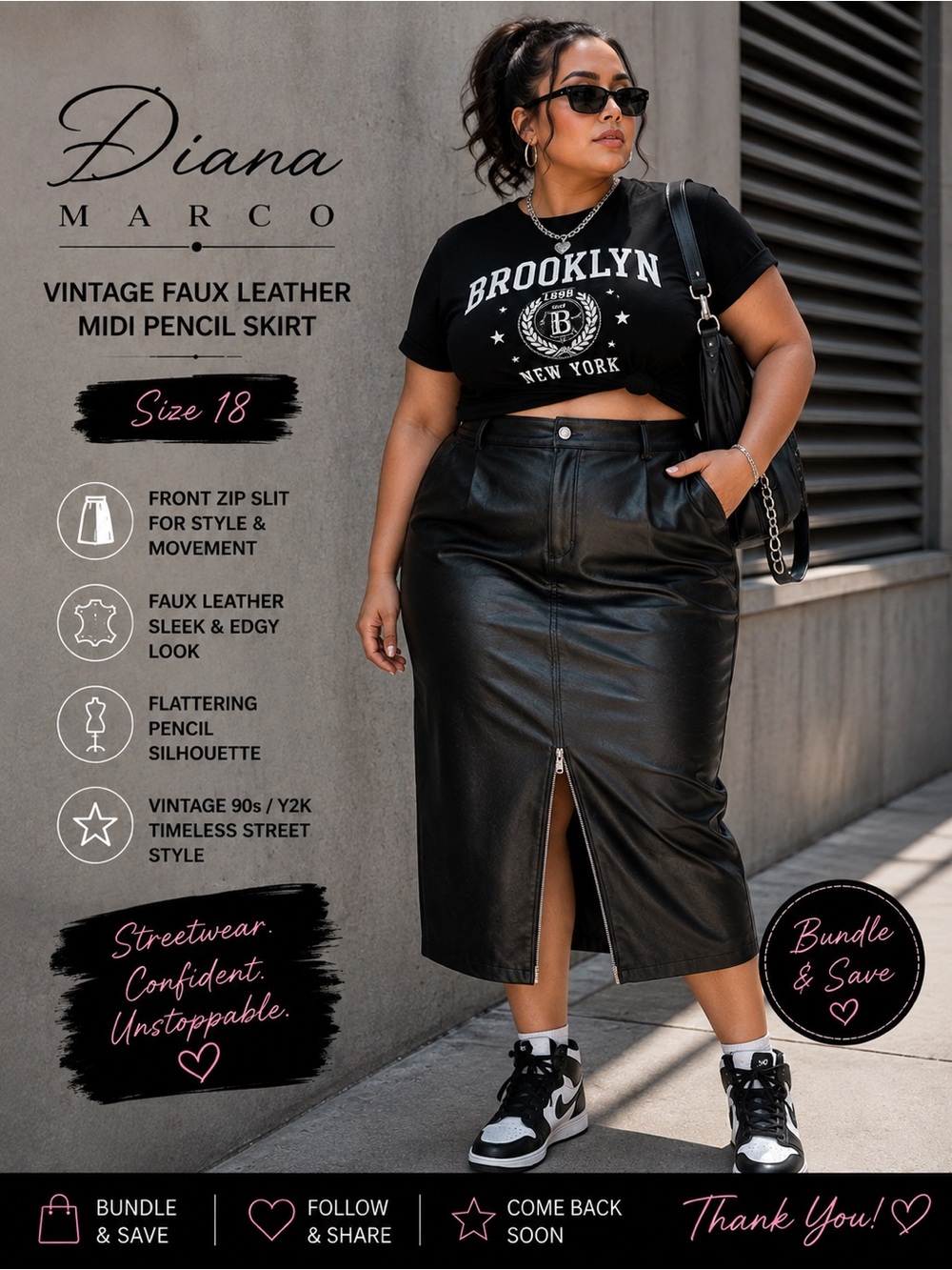 Diana Marco Vintage Black Faux Leather Midi Pencil Skirt – Front Zip Slit